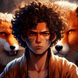 Anime interpretation of a man with a crazy face, brown skin, featuring Sharingan in the background, curly hair, and a blue fox lurking behind him