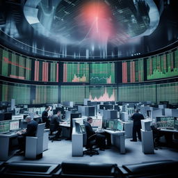 A dynamic image of a busy stock market with traders engrossed in their computer screens, charts of stock trends and fluctuating numbers being projected.