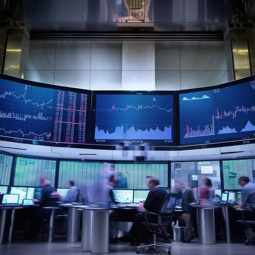 A dynamic image of a busy stock market with traders engrossed in their computer screens, charts of stock trends and fluctuating numbers being projected.