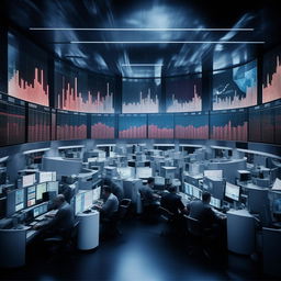 A dynamic image of a busy stock market with traders engrossed in their computer screens, charts of stock trends and fluctuating numbers being projected.