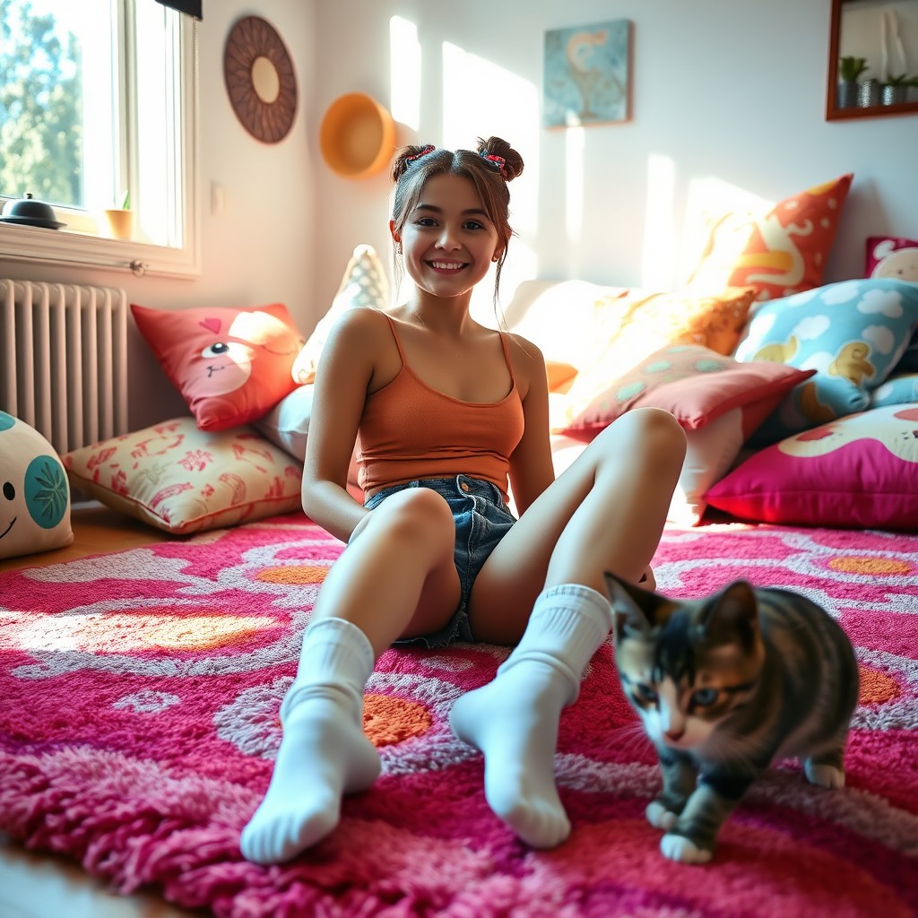 A stylish teenage girl wearing white socks, sitting on a vibrant colored rug in a cozy room, with soft natural sunlight streaming in through a window, surrounded by fun decor items like colorful pillows and a cute cat playing nearby