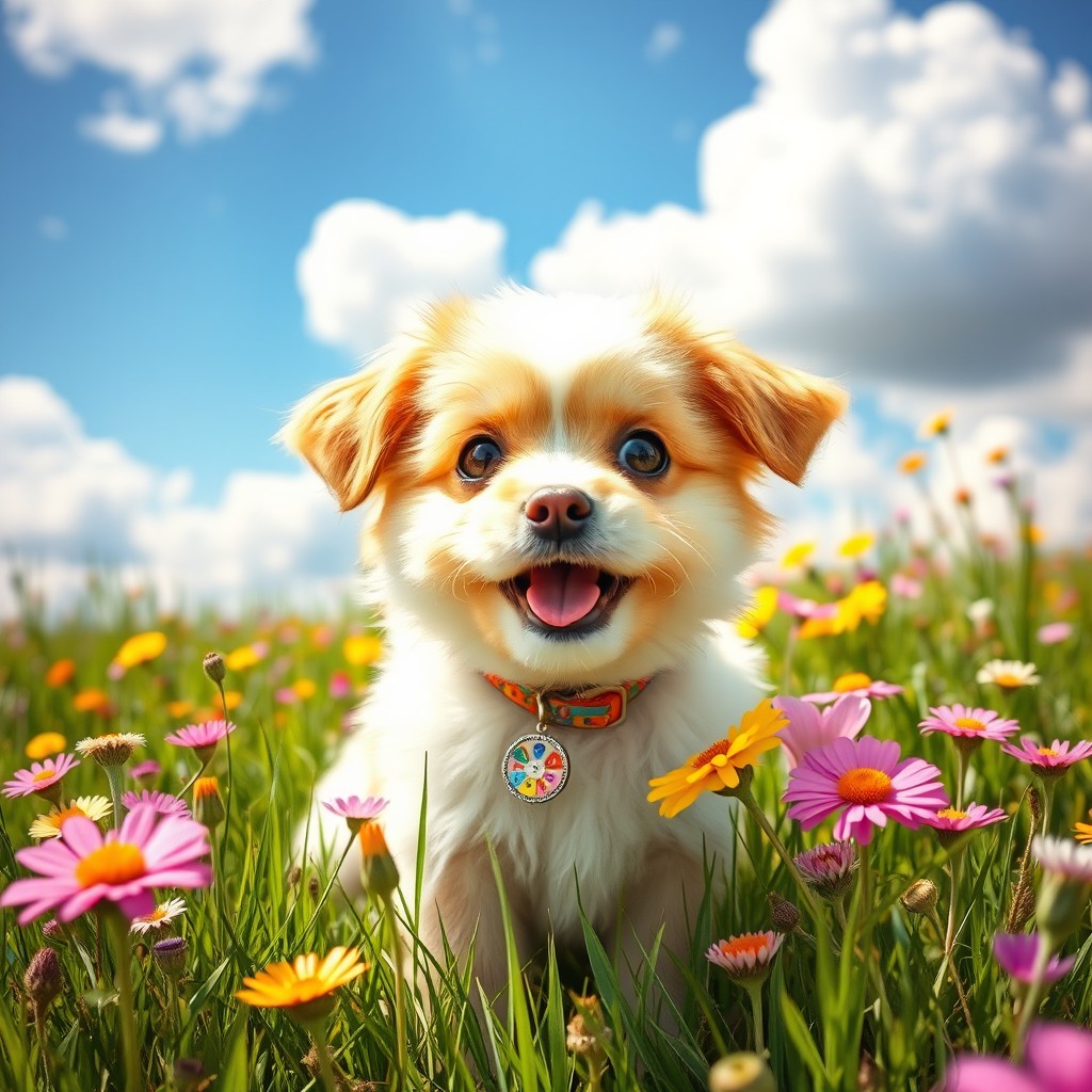 A cute, fluffy dog with big expressive eyes, sitting in a sunlit grassy field surrounded by vibrant wildflowers