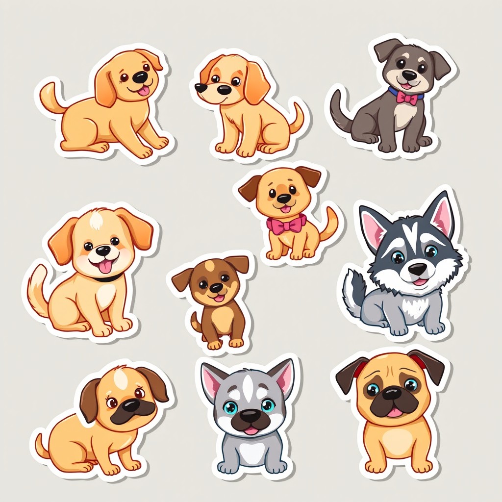 Set of 8 adorable dog stickers, each showcasing a different breed and personality