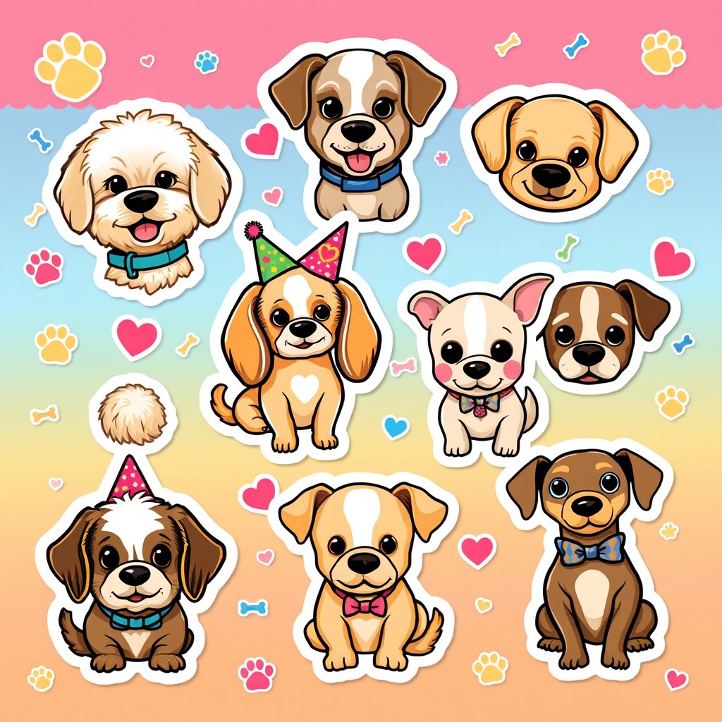 A collection of adorable dog stickers featuring various breeds such as a fluffy golden retriever, a playful beagle, a tiny pug, and a charming dachshund