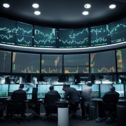 An intense trading scene, with traders strategizing, buying and selling assets. The activity buzzes around big screens showing fluctuating graphs illustrating market trends.