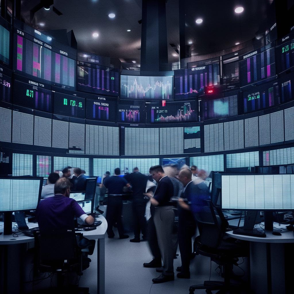 An intense trading scene, with traders strategizing, buying and selling assets. The activity buzzes around big screens showing fluctuating graphs illustrating market trends.