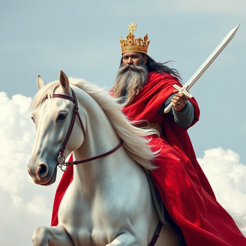 A majestic black man with a full beard streaked with gray, wearing an ornate golden crown atop his head