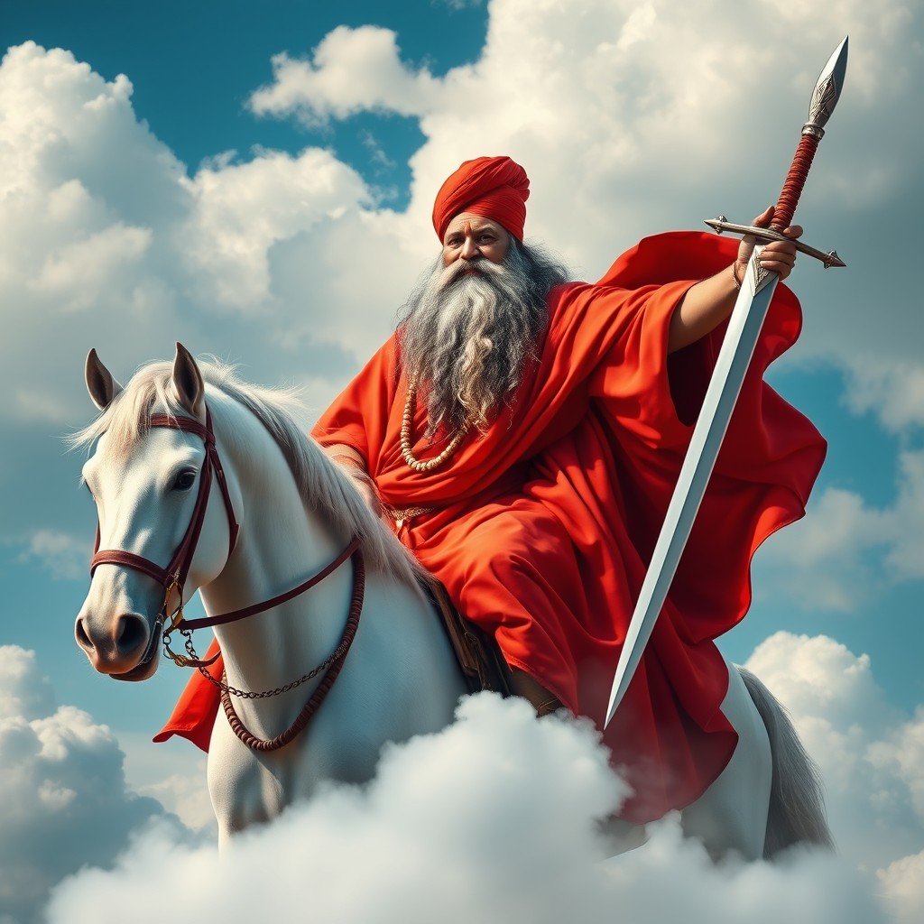 A powerful figure resembling Sat Guru Maharajji, a fully bearded man with streaks of gray in his beard, wearing a vibrant red cap atop his head