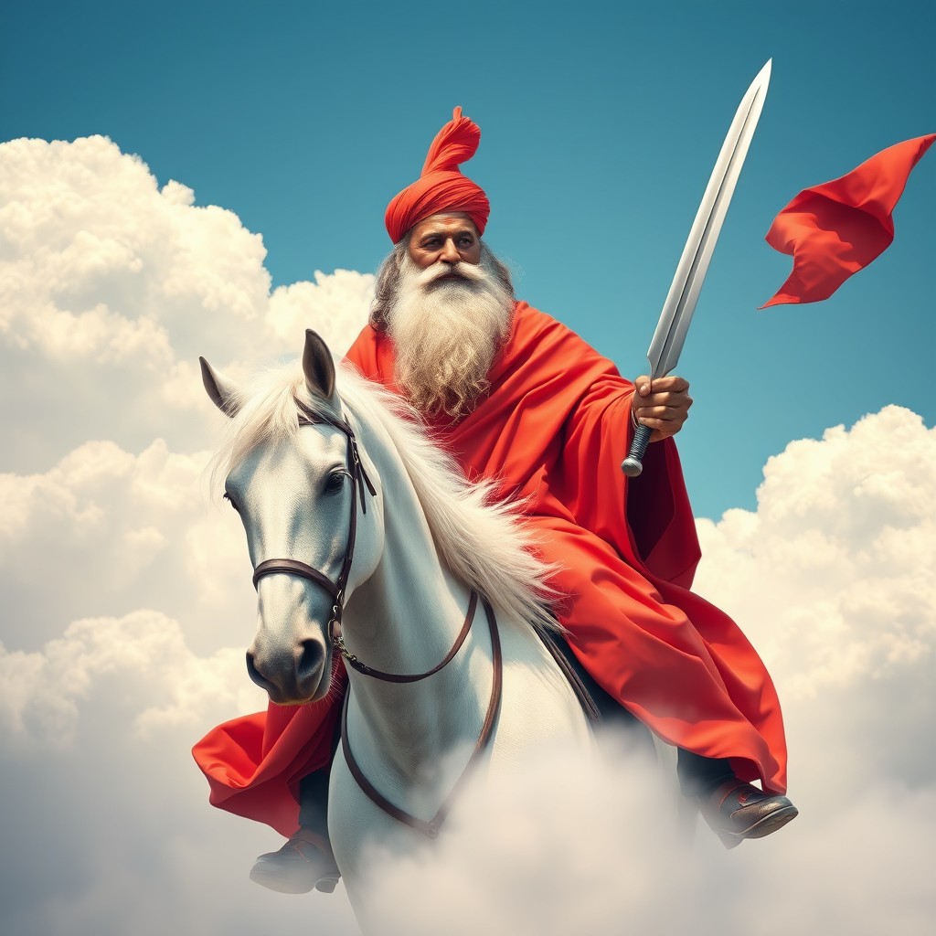 A wise figure resembling Sat Guru Maharajji of Nigeria, characterized by a full beard adorned with streaks of gray, wearing a vibrant red cap atop his head