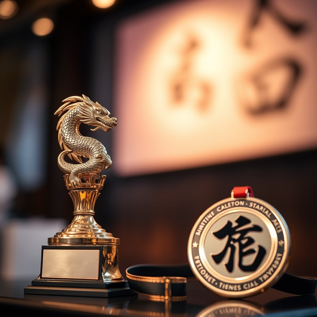 A stunning display featuring a kung fu trophy, elegantly designed with intricate details, alongside a shining sports medal