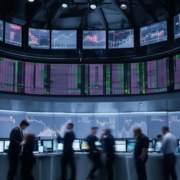 An intense trading scene, with traders strategizing, buying and selling assets. The activity buzzes around big screens showing fluctuating graphs illustrating market trends.