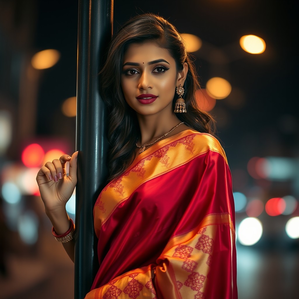 A beautiful South Asian woman standing gracefully under warm, ambient street lights at night, wearing a luxurious deep red and gold traditional silk saree with rich embroidered borders