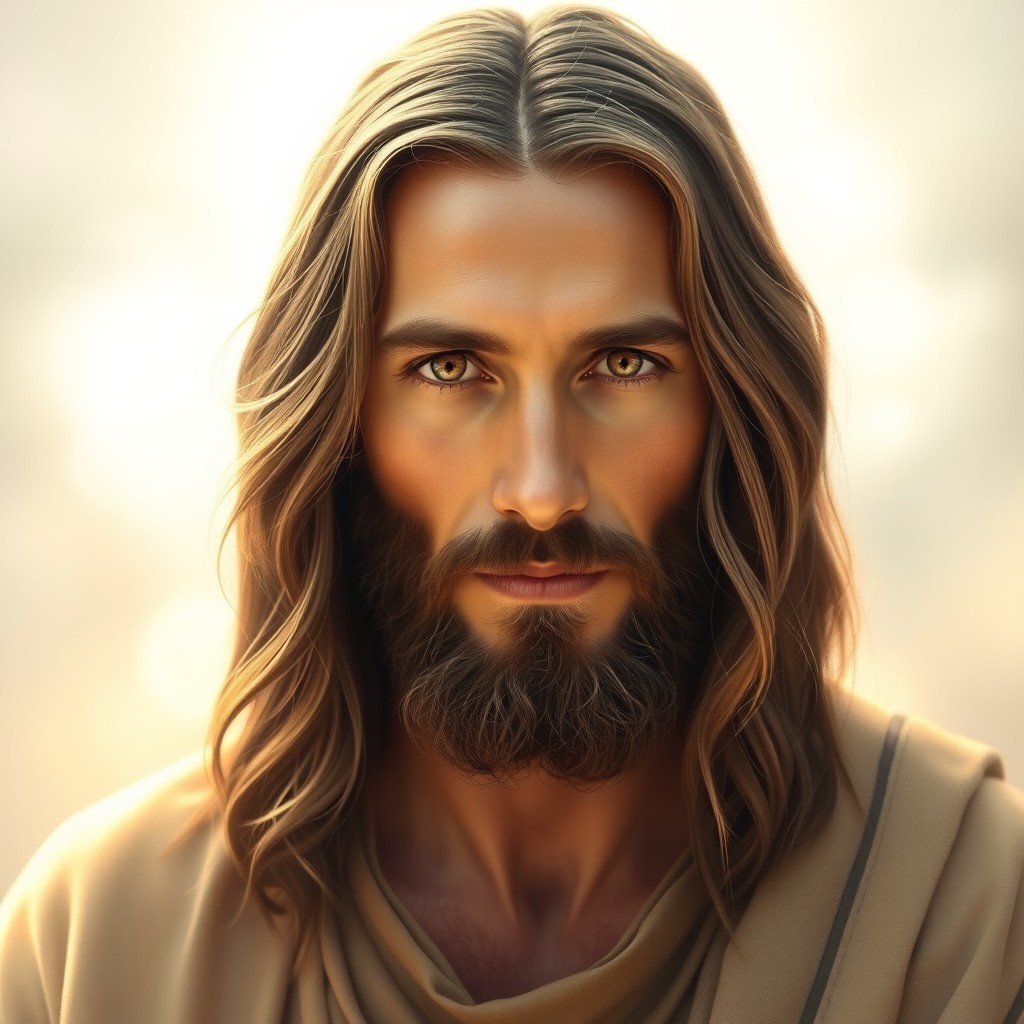 A serene and powerful depiction of Jesus Christ looking directly at the camera, with a gentle and compassionate expression on His face