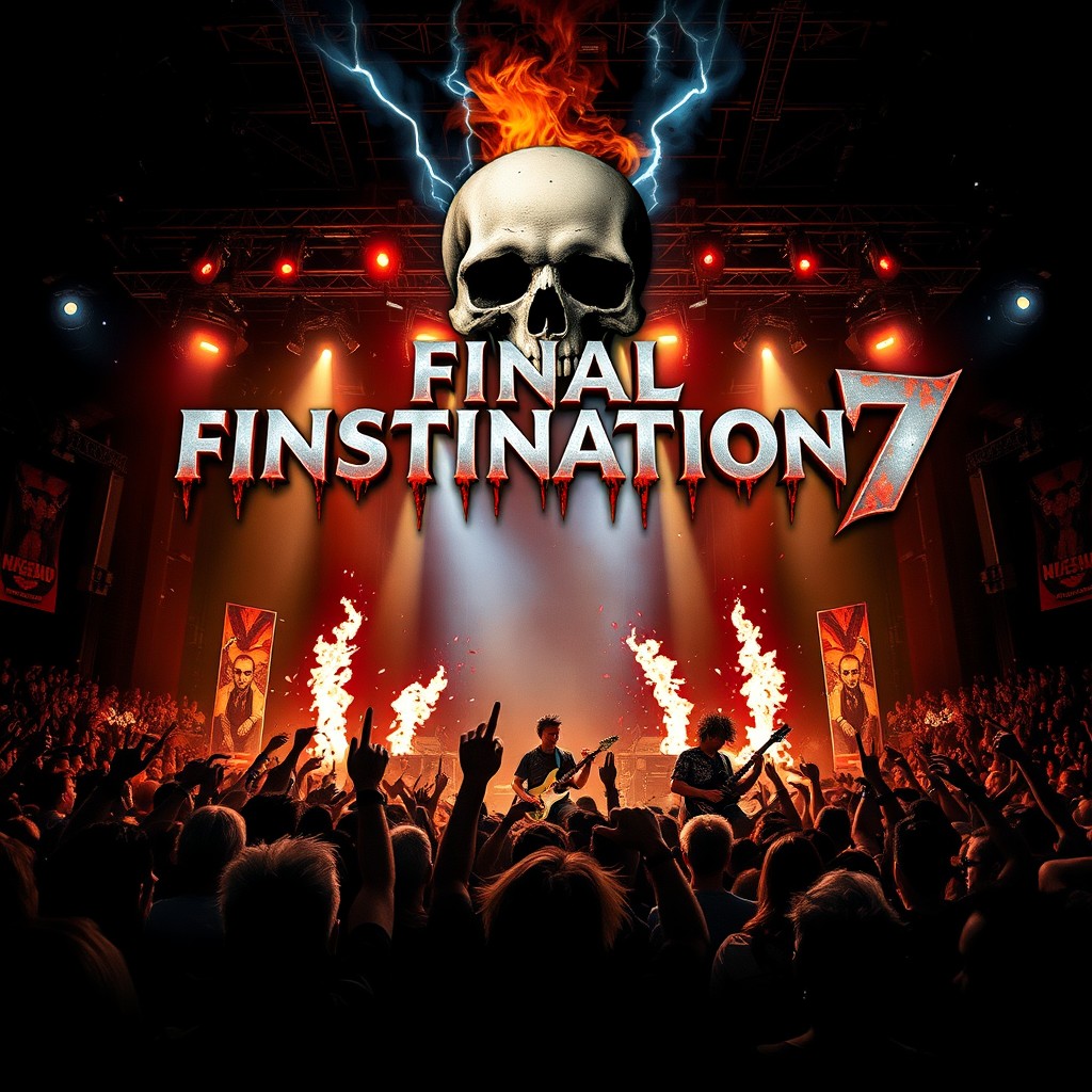 A thrilling poster for 'Final Destination 7' set at a rock concert, featuring a dark and intense atmosphere