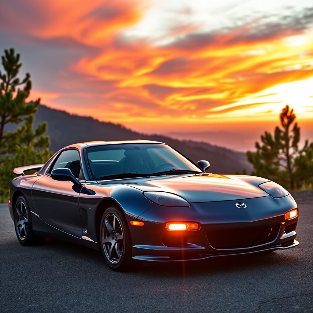 A stunning Mazda RX7 sports car parked on a scenic overlook, with a vibrant sunset casting warm orange and pink hues in the sky