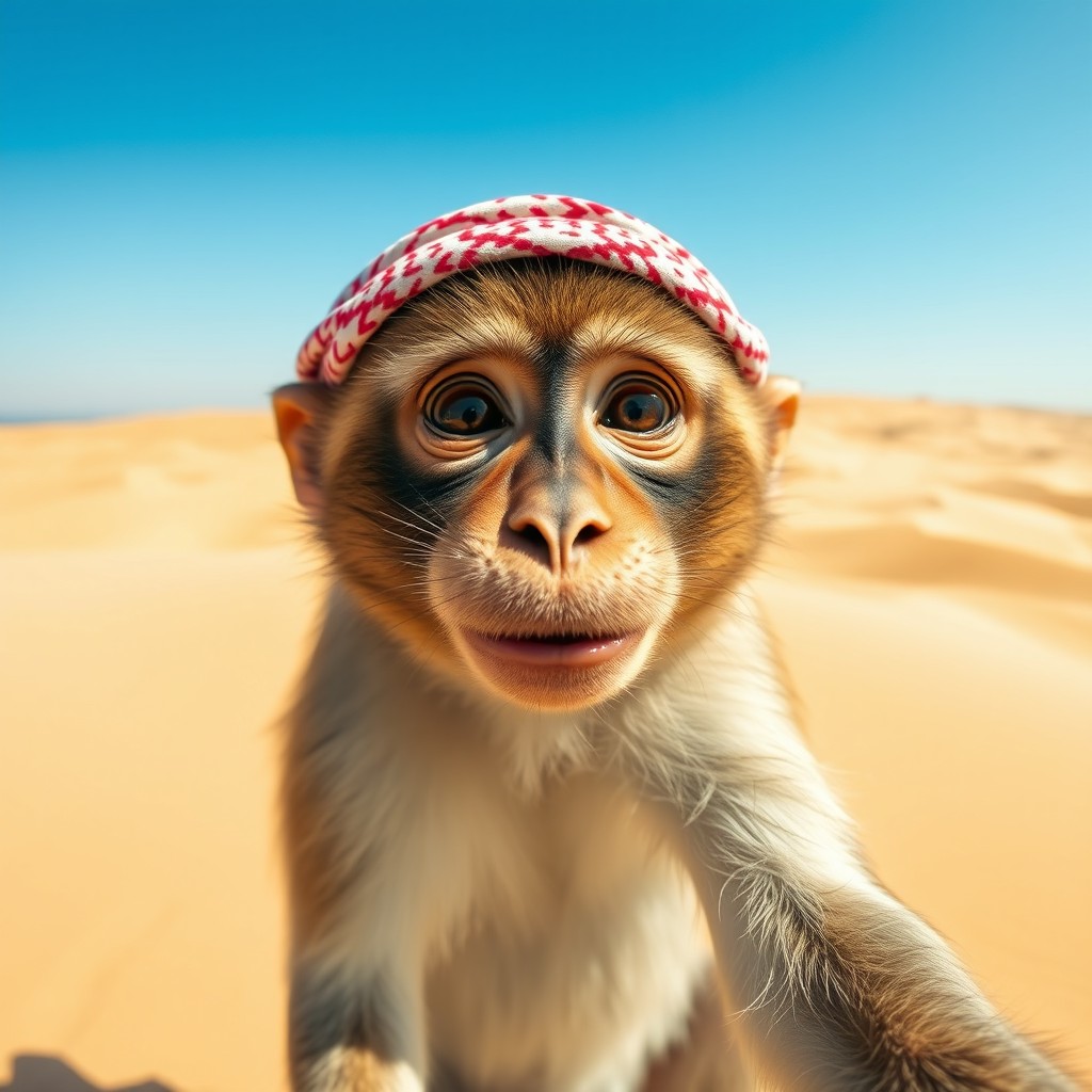 A humorous and playful image of a monkey in the desert, wearing a traditional Saudi Arabian agal (headband)