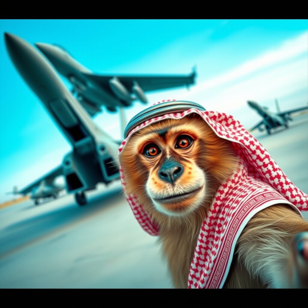 A humorous image of a Gulf monkey wearing a traditional Saudi Arabian agal, posing for a selfie while looking directly at the camera with a playful expression