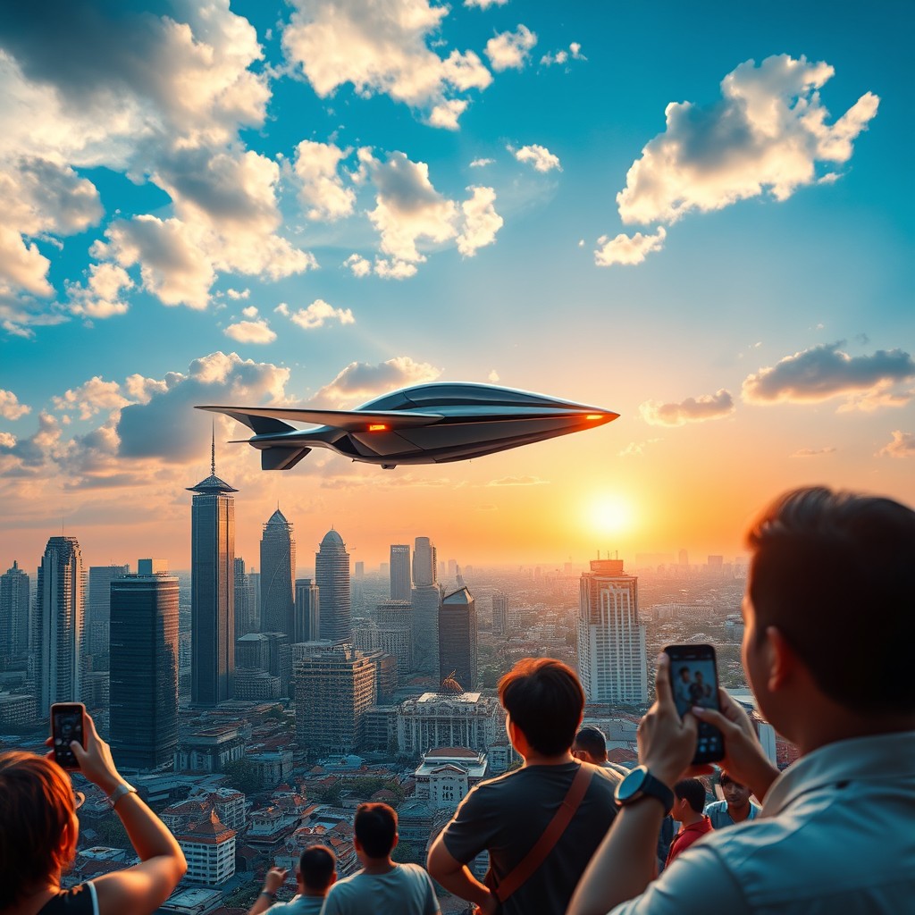 A futuristic flying car soaring through the sky over Jakarta, Indonesia