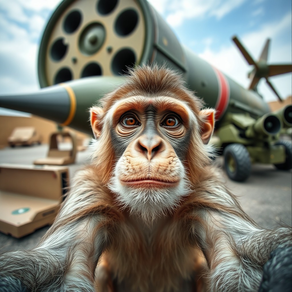 A humorous and whimsical image of an old monkey, looking directly at the camera as if taking a selfie