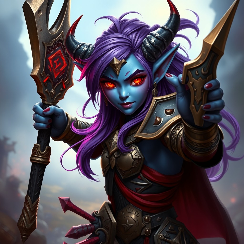 A tiefling girl warrior, showcasing her fierce demeanor, wielding a flail in her right hand