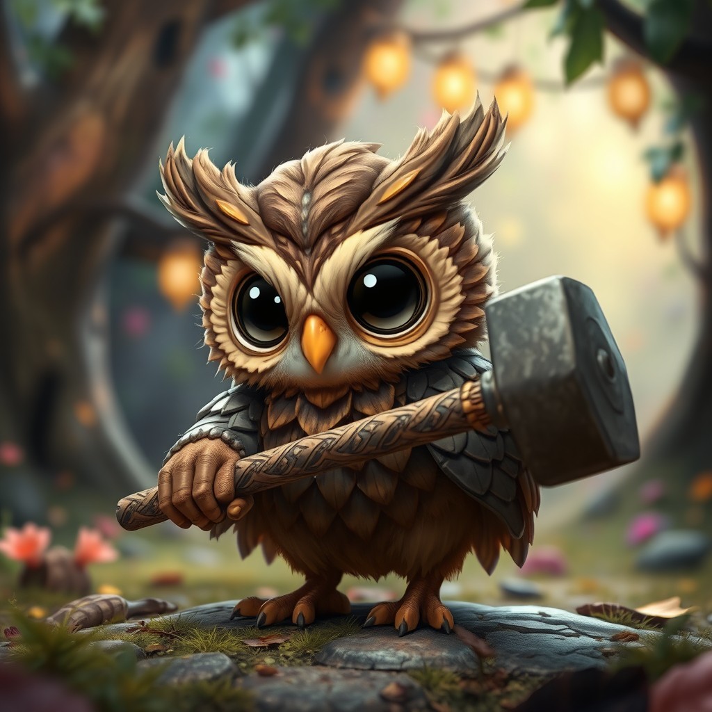 A small, owlish creature with a brown body and detailed scales forming armor over its body