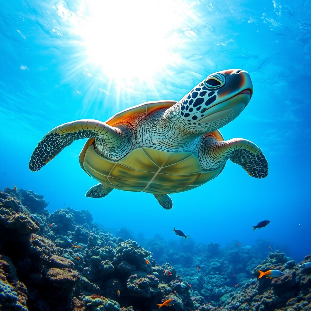 A stunning close-up of a turtle swimming gracefully in crystal-clear blue water, showcasing its intricate shell patterns and vibrant colors