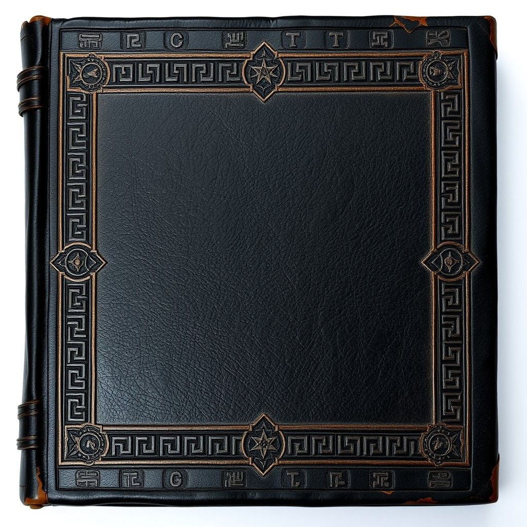 A cover design for an ancient grimoire, featuring a dark leather exterior that is almost black with a weathered and aged texture