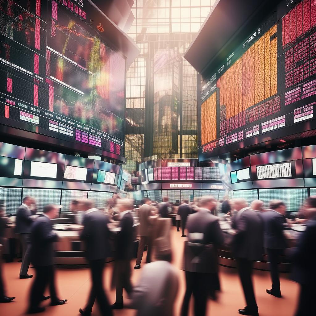 a lively animated image depicting the hustle and bustle of a busy share market with ticker boards and traders