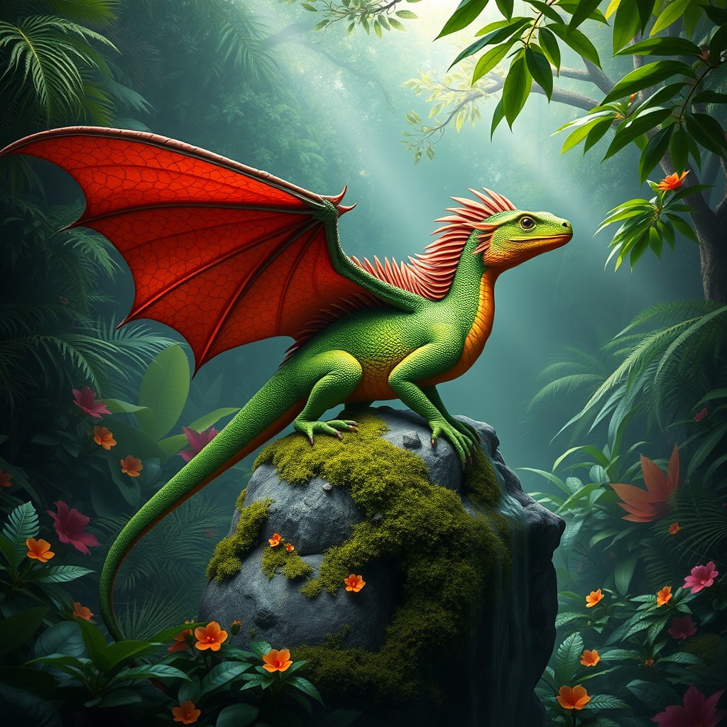 A vibrant green and orange dragon majestically perched on a large mossy rock in a lush rainforest