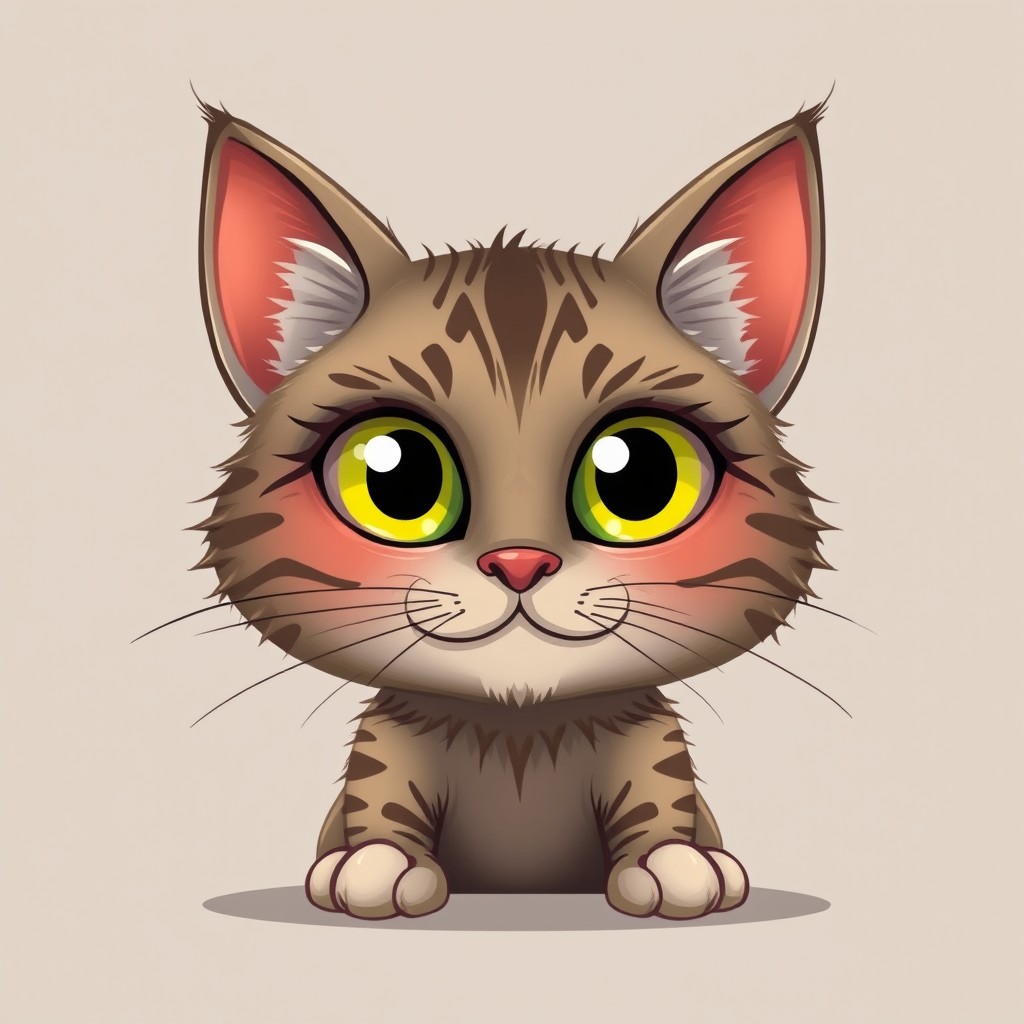 A whimsical and mysterious cat with an enigmatic expression, featuring oversized eyes and a playful smirk