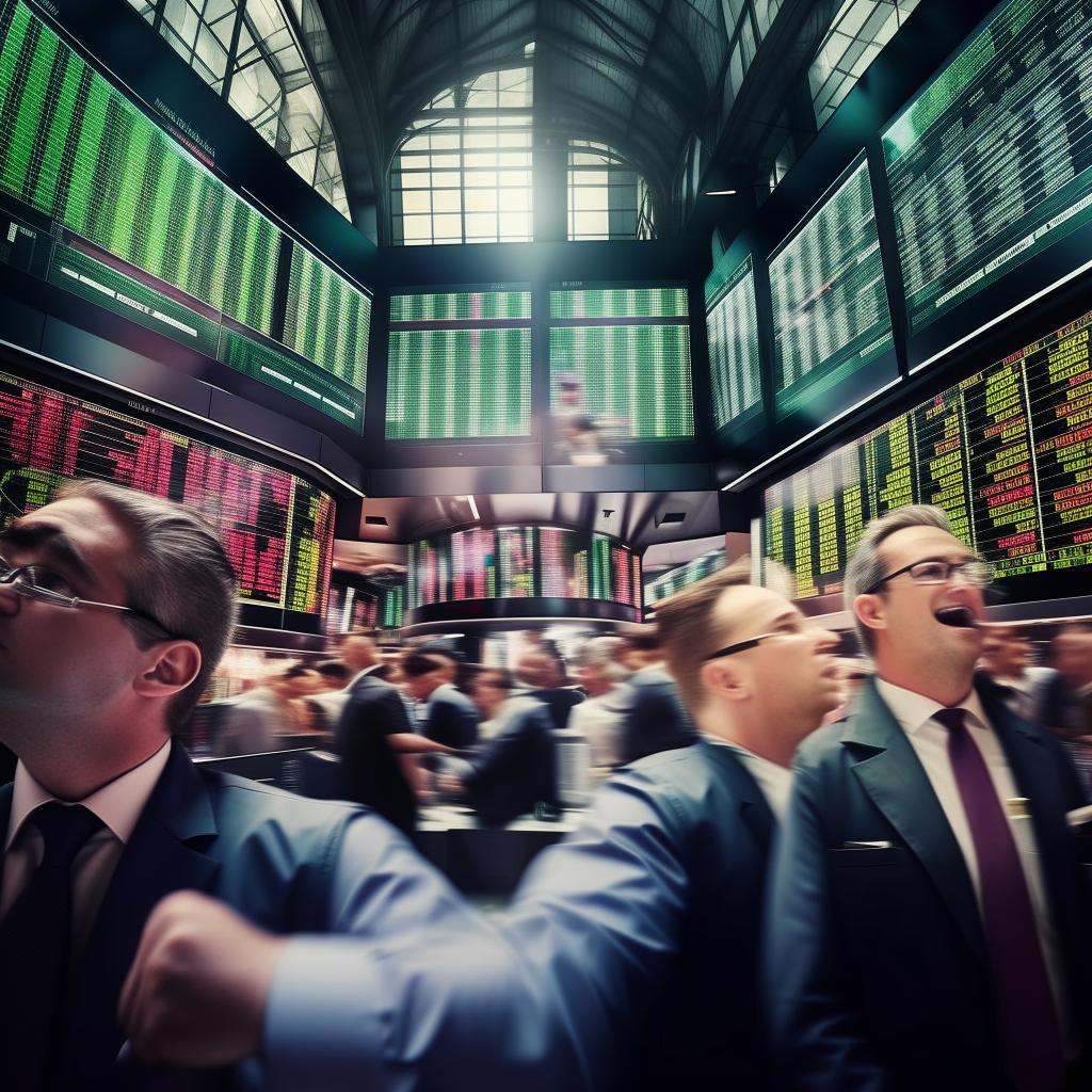 a lively animated image depicting the hustle and bustle of a busy share market with ticker boards and traders