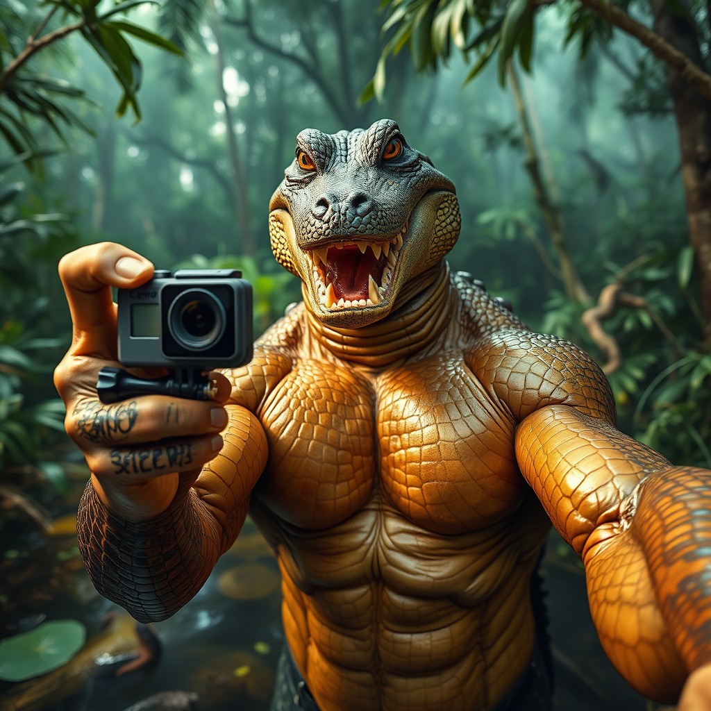 A realistic crocodile man taking a selfie with a GoPro