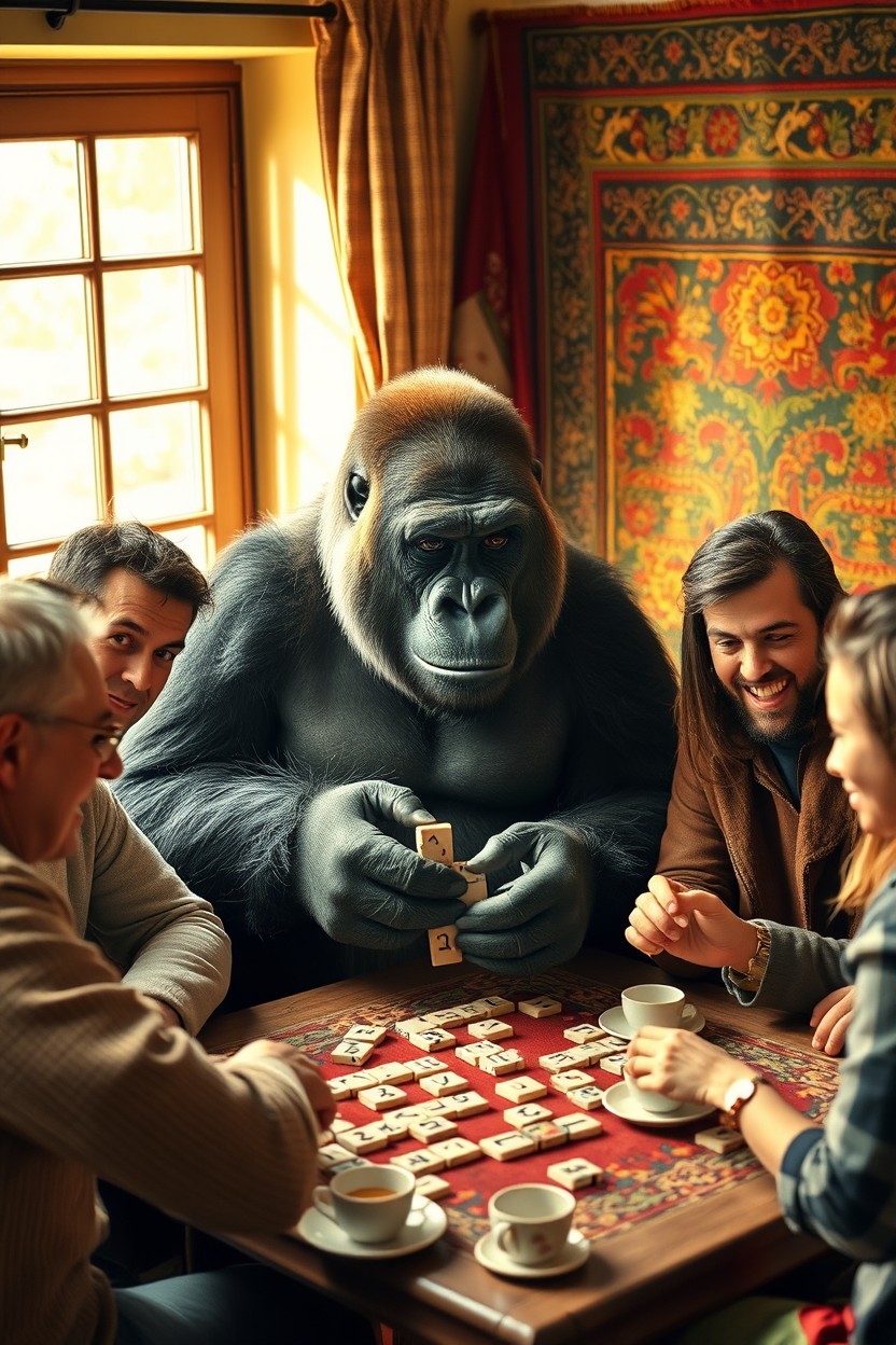 A large gorilla playing Okey, a traditional Turkish tile game, with a group of diverse human players at a cozy, warmly lit room