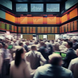 a lively animated image depicting the hustle and bustle of a busy share market with ticker boards and traders