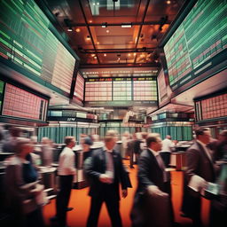 a lively animated image depicting the hustle and bustle of a busy share market with ticker boards and traders