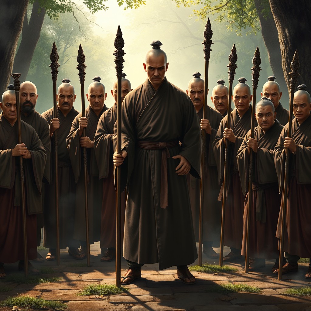 A realistic depiction of thirteen Shaolin monks surrounding Prince Li Shimin, standing resolutely against an unseen enemy