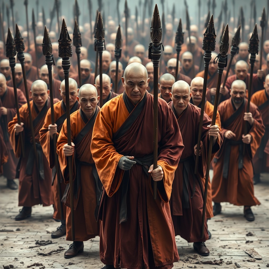 Thirteen Shaolin monks surrounding Prince Li Shimin, facing an enemy