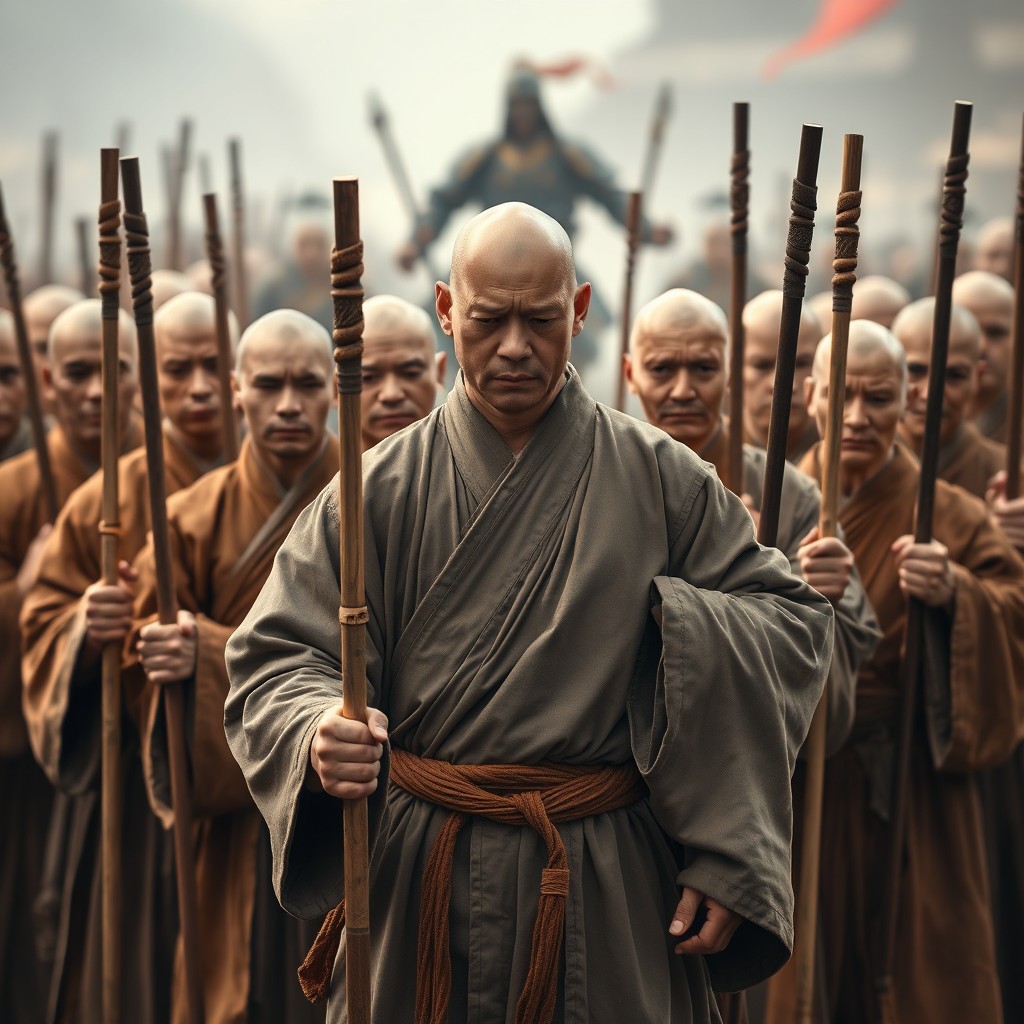 A realistic image of 13 Shaolin monks surrounding Prince Li Shimin, standing defiantly against an enemy in the background