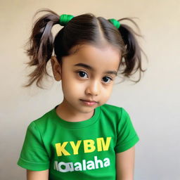 A young child with short, ponytail hair in a green outfit with the word 'Khaira' written on it