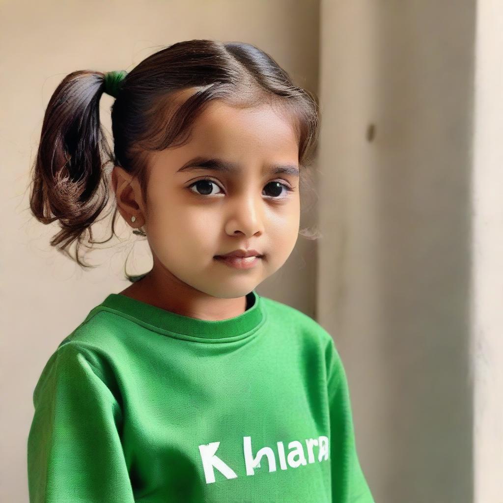 A young child with short, ponytail hair in a green outfit with the word 'Khaira' written on it