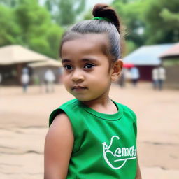 A young child with short, ponytail hair in a green outfit with the word 'Khaira' written on it