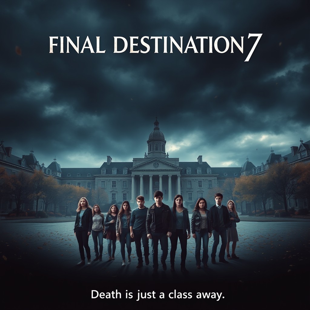 A movie poster for 'Final Destination 7' set in a university campus