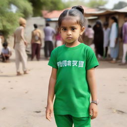 A young child with short, ponytail hair in a green outfit with the word 'Khaira' written on it