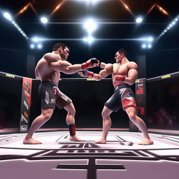 an action-packed animated image of an intense MMA fight between two competitors in a professional fighting ring