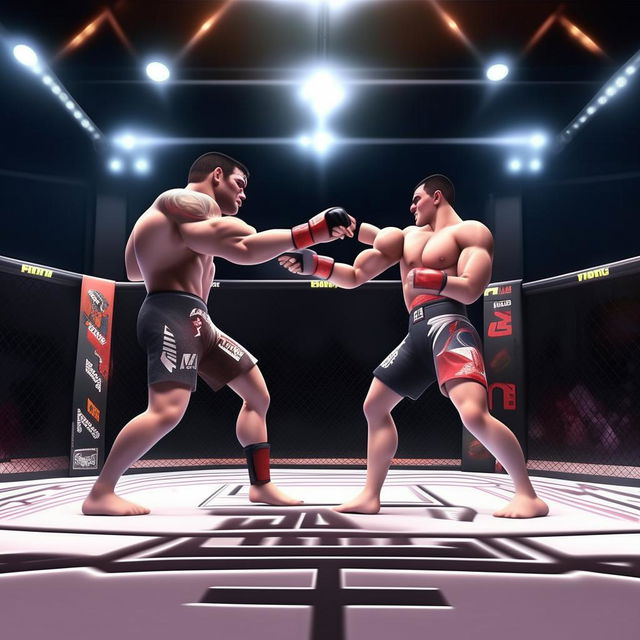 an action-packed animated image of an intense MMA fight between two competitors in a professional fighting ring