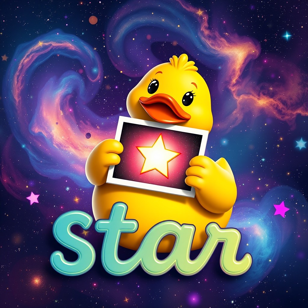 A whimsical rubber duck holding a picture of a shining star, set against a vibrant galaxy background filled with swirling nebulae, colorful stars, and cosmic dust