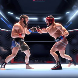 an action-packed animated image of an intense MMA fight between two competitors in a professional fighting ring