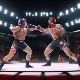 an action-packed animated image of an intense MMA fight between two competitors in a professional fighting ring