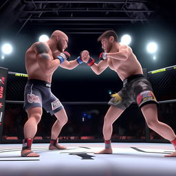 an action-packed animated image of an intense MMA fight between two competitors in a professional fighting ring