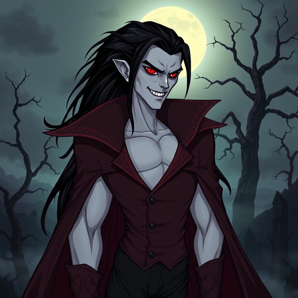 A striking vampire character design featuring a tall and elegant figure with a pale complexion and sharp, angular features